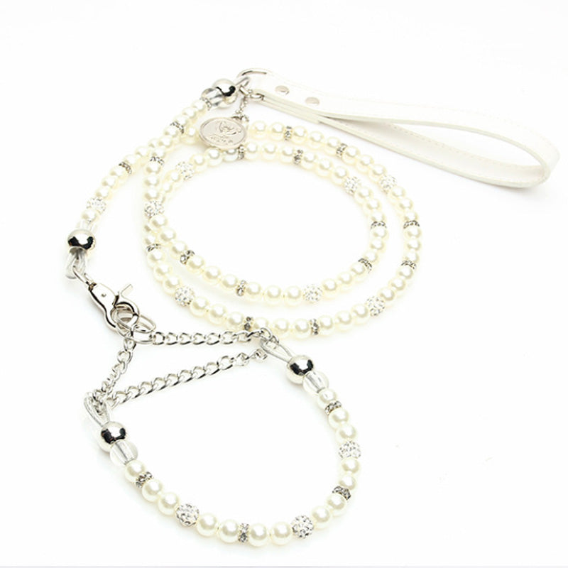 "GLAMORUS" WHITE PEARL LEASH&COLLAR SET image 0
