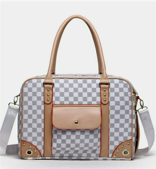CHECKER PRINT LEATHER PUP CARRIER image 0